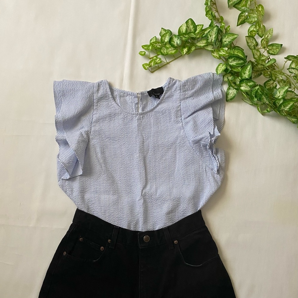 Blue Striped Flutter Sleeve Blouse with Ruffled Details